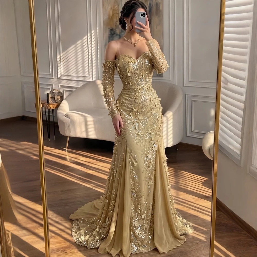 Sexy Sequined Off Shoulder Evening Gown 3D Decal American Gold Lace Party Dress
