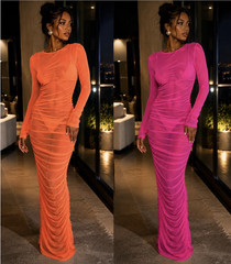 Multicolor Solid Mesh Sheer Ruched Stretch Bodycon Maxi Dress Round Neck M
