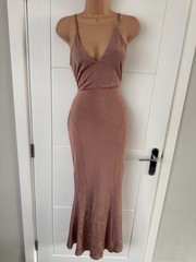 Lustre Satin Backless Cut Out Mermaid Maxi Evening Dress Nude M UK 12-14 B100