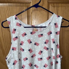 LIBERTY PARK DRESS -M-SHIFT~GRAY W/AMERICAN FLAGS~SLEEVELESS~STRETCH
