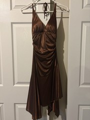 City Triangles Vintage Brown Satin Ruched V-Neck Sleeveless Asym Hem Dress Small