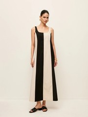 NWT Commense Black and Cream Stripe Linen Maxi Shift Dress Size Small