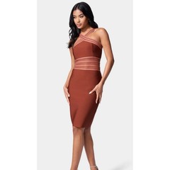 NWT Bebe Bandage Cross Front Dress Size Large Copper | MSRP $169 – VERY SEXY
