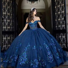 Off Shoulder Navy Glitter Tulle Floral Beaded Quinceanera Sweet15 Gown