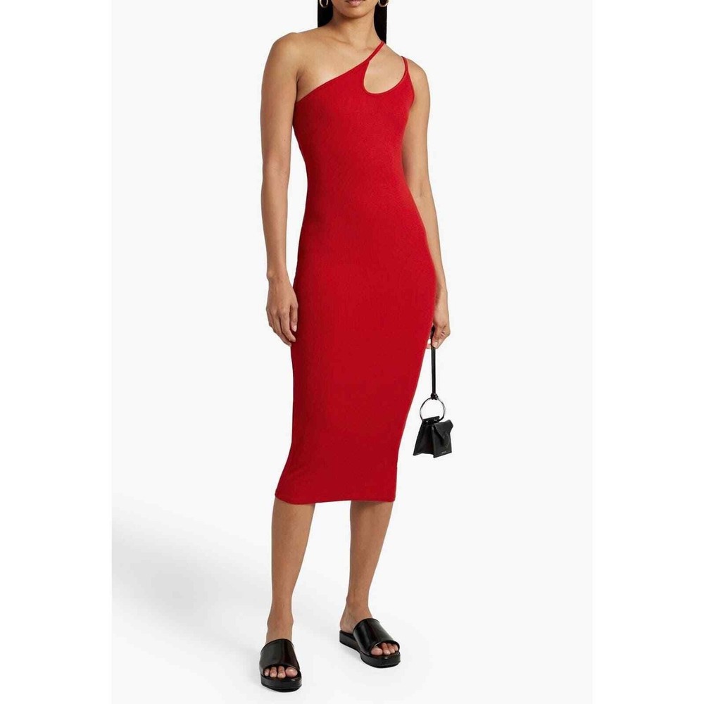 Enza Costa Midi Dress Women Medium Red Asymmetric Cutout Ribbed Silk Knit Tank