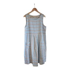 J. Jill Love Linen Dress Size L 100% Linen Sleeveless Front Pockets Striped