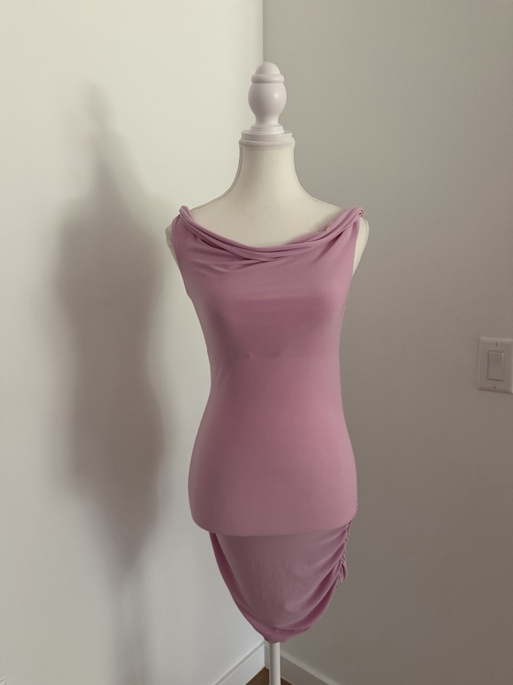 Iris Pink/purple Solid Knit Bodycon Dress Cowl Neck Ruched Stretch Knee Length M