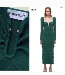 Self-Portrait Forest Green Lace Cutout Ribbed Bodycon Midi Dress M. RP $585