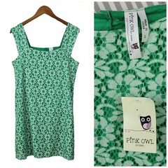 New Pink Owl Sheath Dress Size Large Floral Lace party Green Lined Floral