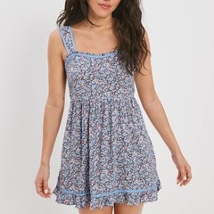 American Eagle Floral Lace Up Back Mini Dress Blue Pink Ditsy Babydoll XS NEW