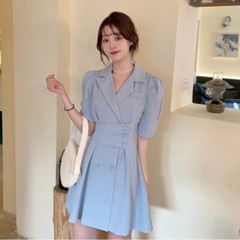 Korean women high waist short sleeve dress office simple temperament short