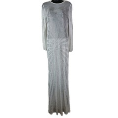 Sheer Mesh White Silver Rhinestone Long Sleeve Maxi Dress Gown Clubwear Medium