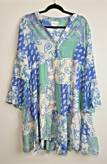 Choklate Paris Silk Blend Patchwork Boho Tunic Dress Large Paisley Bell Sleeve