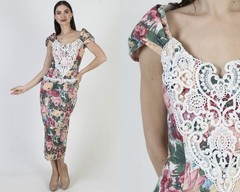 Vtg 80s Scott McClintock Dress Victorian Rose Print Cottage Tea Length Prom Gown