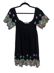 Solitaire Women’s Small off the Shoulder Dress Floral Embroidered Sleeves Black