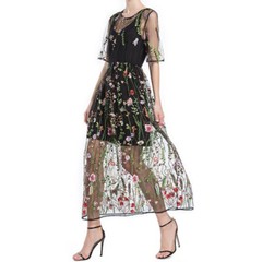 Lady Mesh Long Dress Tulle Lace Floral Embroidered Party Holiday Summer Princess