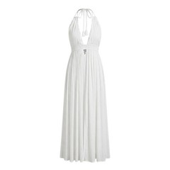 HYFVE White Halter Maxi Dress M Boho Crinkle Rayon Open Back High Slit Vacation