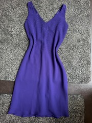 Jones New York Dress Purple Solid V-Neck Sleeveless Beaded Sheath Knee 6