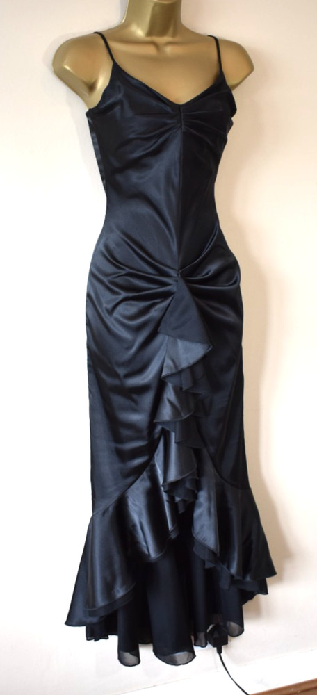 Y2K Vintage YVE LONDON Black Satin Ruffle Mermaid Maxi Dress S Cruise Party Prom