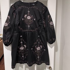 NWT Disturbia Vine Floral Embroidered Long Puff Sleeve Mini Black Dress Sz 14