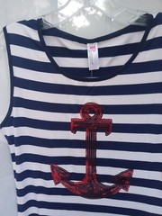 Maxi Summer Dress Navy & White Stripes W Red Sequins Anchor Sz L