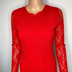 Fuzzi Long Sleeve Solid Lace Dress Midi size Large Red Bodycon