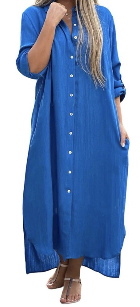 utcoco Blue Solid Shirt Dress Collared Button Front Roll Tab Long Sleeve XL