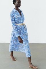 ZARA BLUE PRINT MIDI 100% COTTON SHIRT DRESS W/BELT+ SIDE POCKETS – S