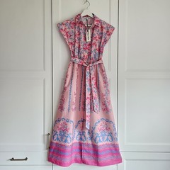 NWT Celina Moon Pink floral Short Sleeve Summer Cotton Belted Maxi Dress S $119