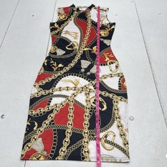 Black White Red Chain Printed Mock Neck Bodycon Dress Women&rsquo;s Size Medium