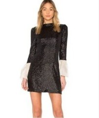 Rachel Zoe Black Sequin Mini Dress with White Flared Cuffs – Size 0