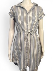 Japna Blue White Striped Button Down Shirt Dress Drawstring Waist Medium