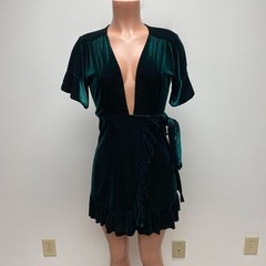 Misa Los Angeles Womens Green Plunge V-Neck Desma Velvet Ruffled Wrap Dress XS