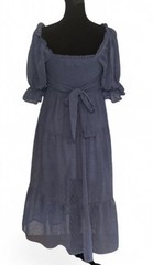 MEROKEETY Blue Solid Square Neck Smocked Belted Puff Sleeve Midi Dress S