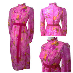 Vtg 60&rsquo;s Mod Chiffon Organza Smocked Dress S Hot pink Floral Puff Cottagecore