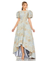 Mac Duggal Platinum Gold Floral Puff Sleeve High Low Brocade Gown Size 16 $798