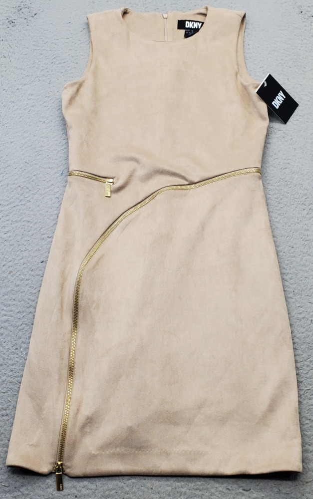 DKNY Mini Sheath Dress Womens 2 Brown Lined Faux Suede Zipper Detail Sleeveless