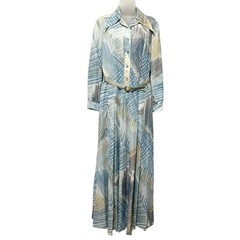 Vintage 1970 Nancy Greer NY Maxi Dress Belted Abstract Blue Beige Shirt Dress M?