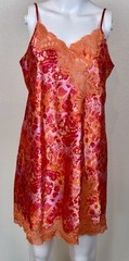 Valerie Stevens Vintage Satin Lace Slip Dress M Orange Pink Nightie Coquette Y2K