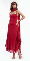 Jewel Badgley Mischka Janie Square Neck Midi Dress Red Chiffon Size 4 MSRP $268