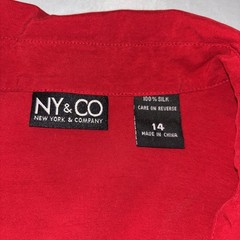 NY & Co 100% Silk Red Button Front Shirt Dress Size 14 Short Sleeve