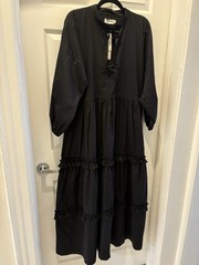 NWT The Lulo Project Bogota Midi Dress Black Tiered Ruffle TieFront CottonSize L