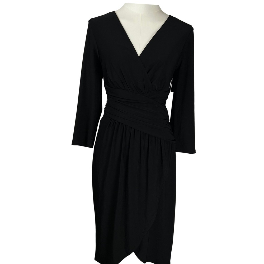 Eliza J Black Feminine Tulip Hem 3/4 Sleeve Dress Size 10 FauxWrap Chic Cocktail