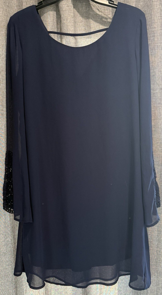 Speechless Navy Blue Lined Long bell Crochet Sleeve V-Back Strap Dress Size L