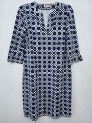 Katherine Way Geo Pattern 3/4 Sleeve V-Neck Navy White Shift Dress Size Medium