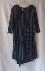 Match Point Tunic Dress Hi Low Hem Black Gray Striped Modal Lagenlook Size M