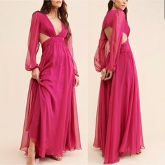 Fuchsia Cutout Maxi Dress with Sheer Long Sleeves