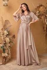 rosegold satin silk wrape maxi dress for women flared sleeve v neckline
