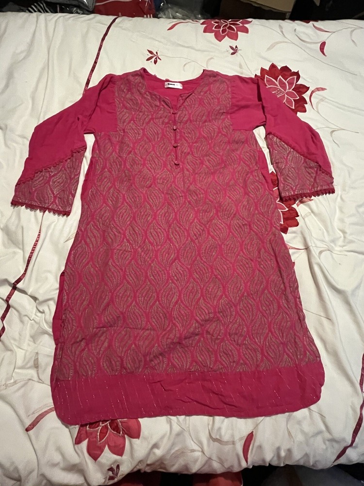 Gul Ahmed Ideas Pret Leaf Pattern Buttoned-Up Kurta Tunic Dress – Pink – Size M
