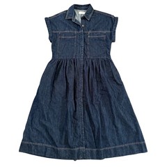 Maye Harper Dark Wash Denim Button Front Midi Dress Short Sleeve Cotton Blue